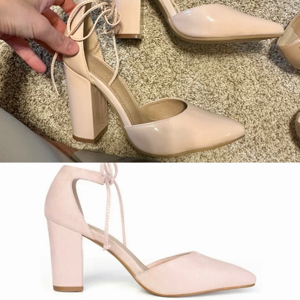 Light powder pink faux leather patent tie lace pointy toe heeled block heel pump